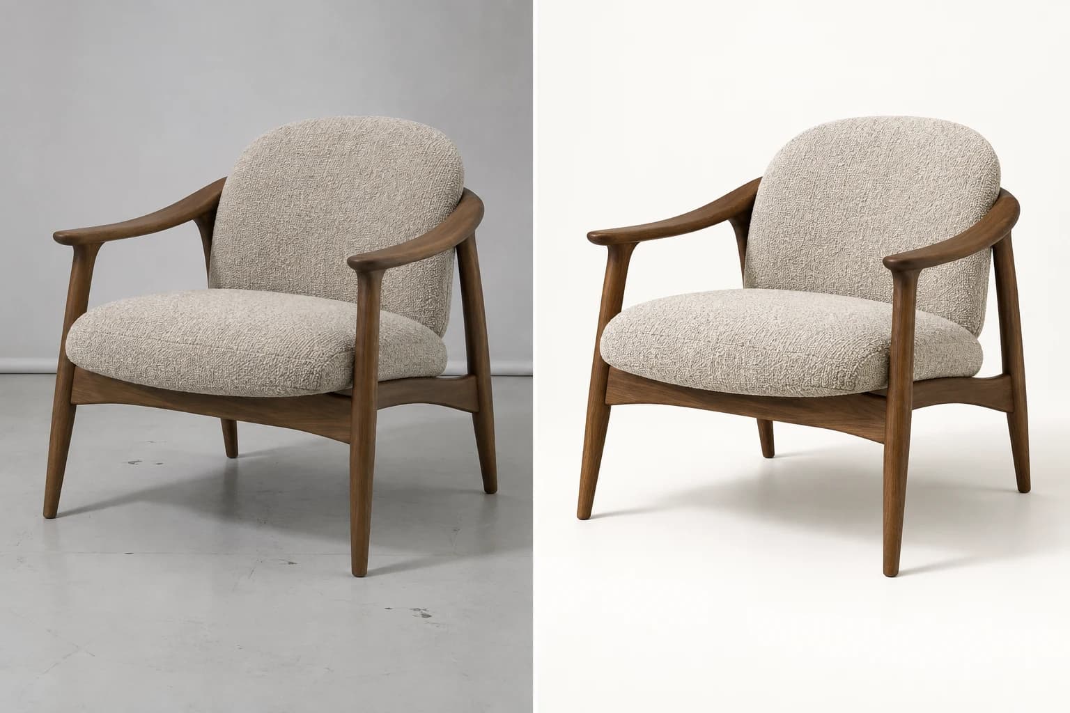 Fåtölj i fotostudio till vänster och mot ren bakgrund med mjuk skugga till höger