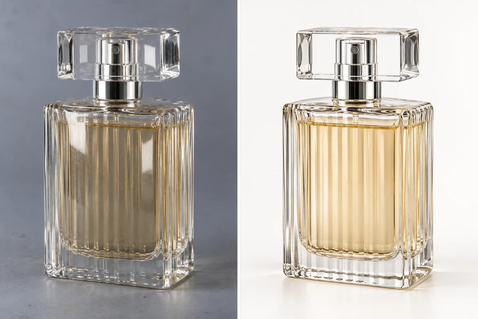 Räfflad parfymflaska före och efter rengöring av glas, reflexer och bakgrund